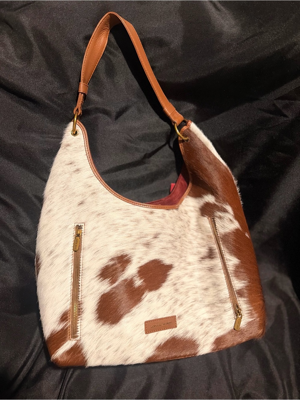 Cowhide Brown and White Hobo Shoulder Bag with Leather Strap